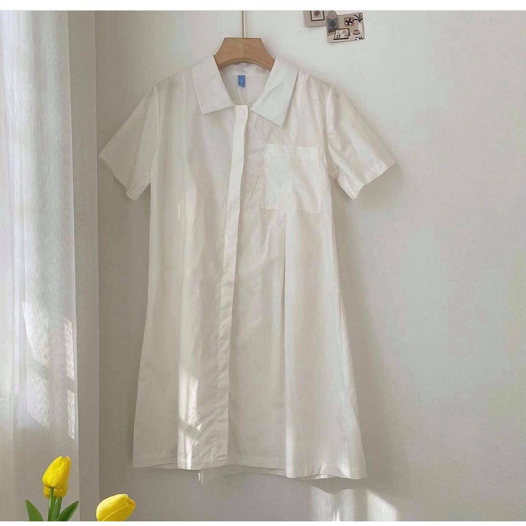 Đầm - Váy sơ mi thô chữ A túi ngực hai màu