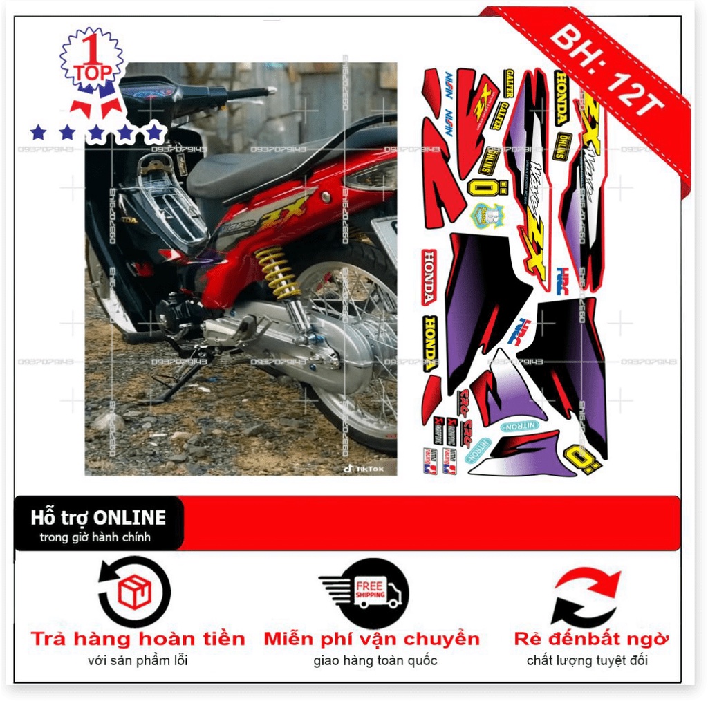 ( Quí khách vui lòng mang ra tiệm cho thợ dán ) Tem honda wave ZX đỏ đen