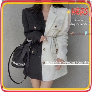Áo blazer tweed 2 màu trắng đen kết hợp kèm thắt lưng, có ảnh thật