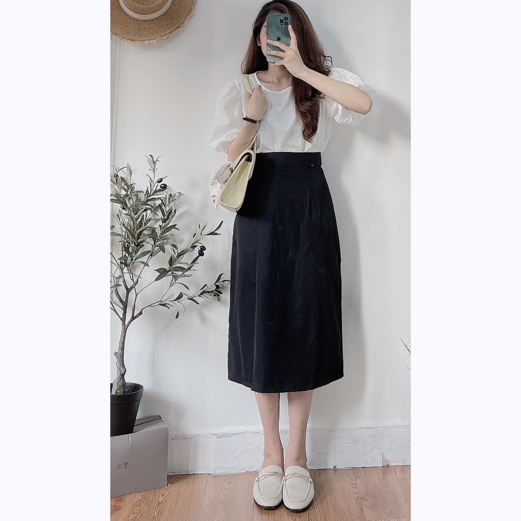 [Ảnh thật] Chân váy kaki xẻ tà dáng dài công sở
