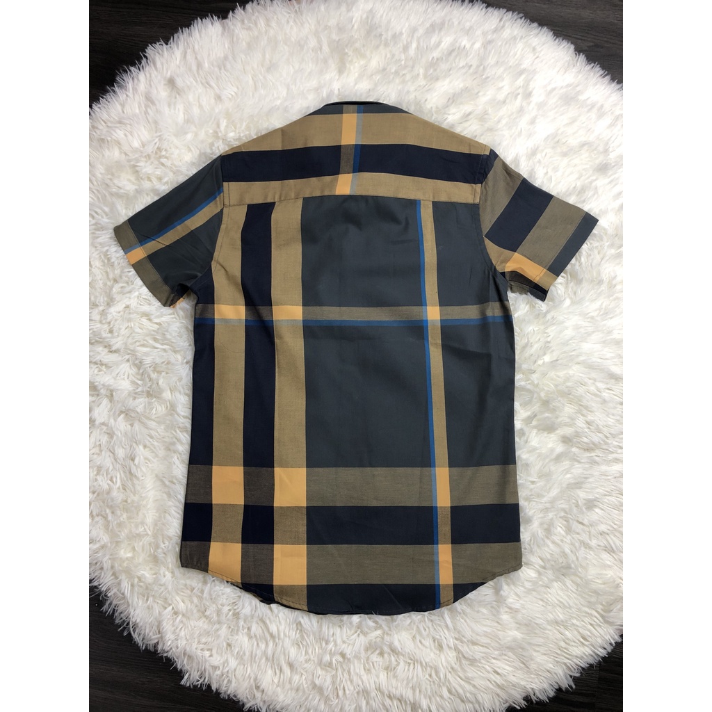 Áo sơ mi kẻ tay ngắn vải cotton , bbr cộc tay kẻ to thoáng mầu vàng rêu