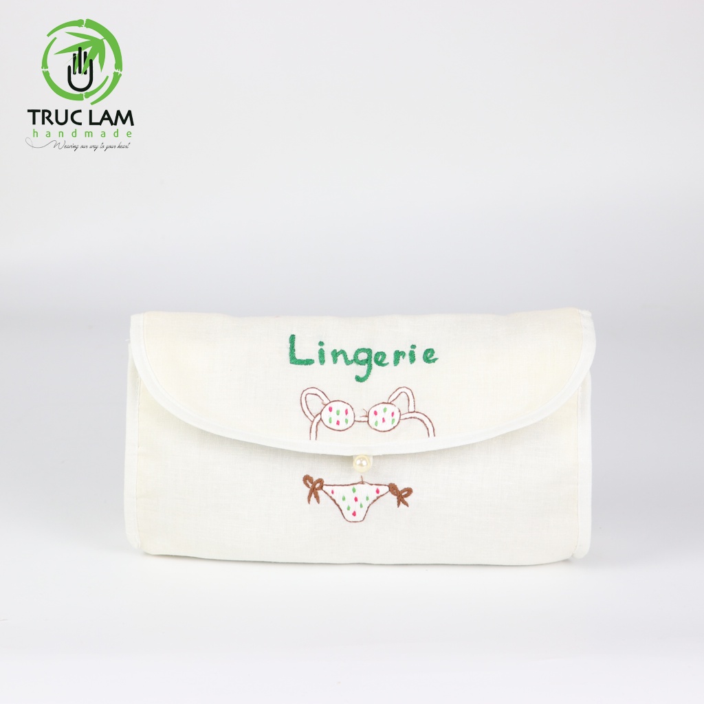 Ví Cầm Tay Nữ Túi Mỹ Phẩm Du Lịch Nắp Gập Họa Tiết Thêu Bikini Trúc Lâm Handmade