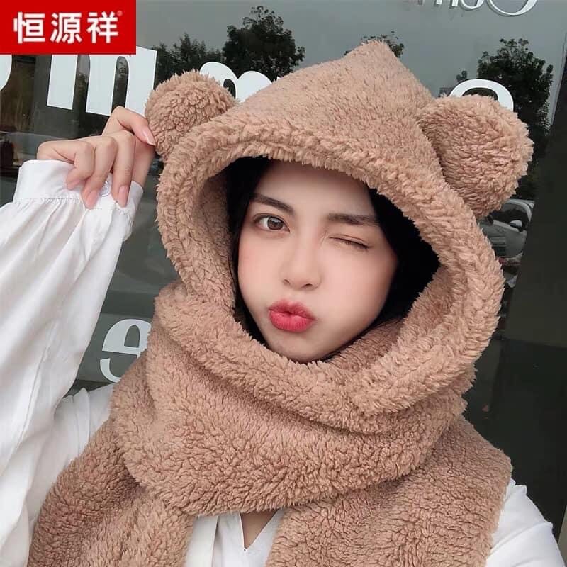 Khăn bông kèm mũ tai gấu 3 in 1
