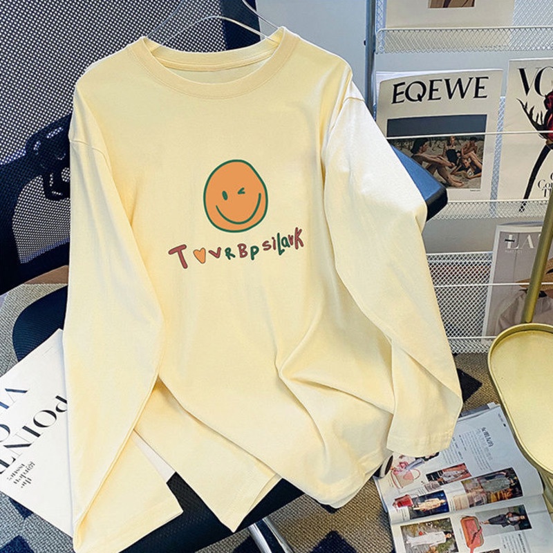 Áo Thun Cổ Tròn Dáng Rộng In Hình Mặt Cười Thời Trang Mùa Thu Mới Cho Nữ