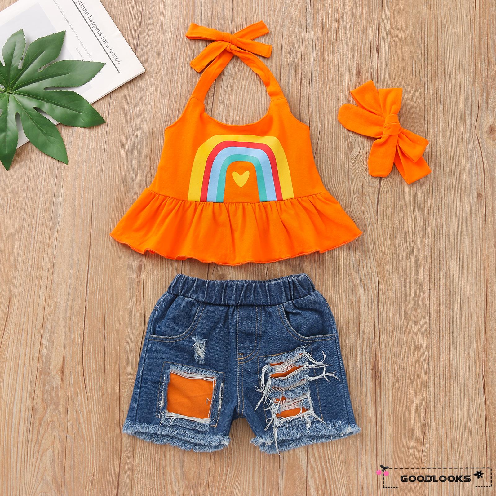 Set Áo Yếm Hở Lưng + Quần Short Jean + Băng Đô Thời Trang Cho Bé Gái