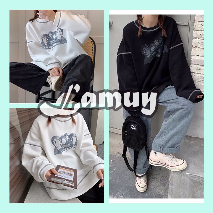 [A015] Áo nỉ chỉ nổi - Áo nỉ nữ form rộng iin chỉ nổi thời trang giá rẻ