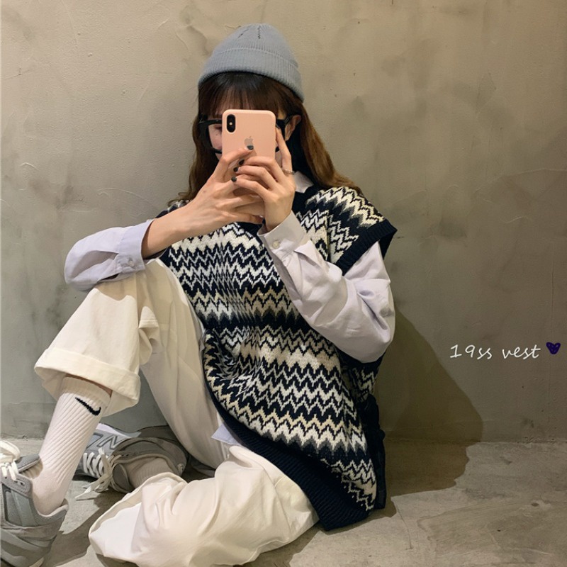 Áo gile sọc ziczac đường gấp khúc họa tiết ulzzang, áo len sinh viên giá rẻ