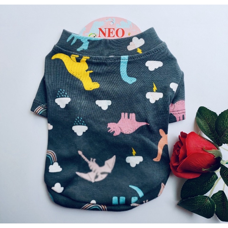 Áo thun cotton hoạ tiết hình thế giới khủng long dành cho thú cưng, Quần áo chó mèo LaLi Petfashion
