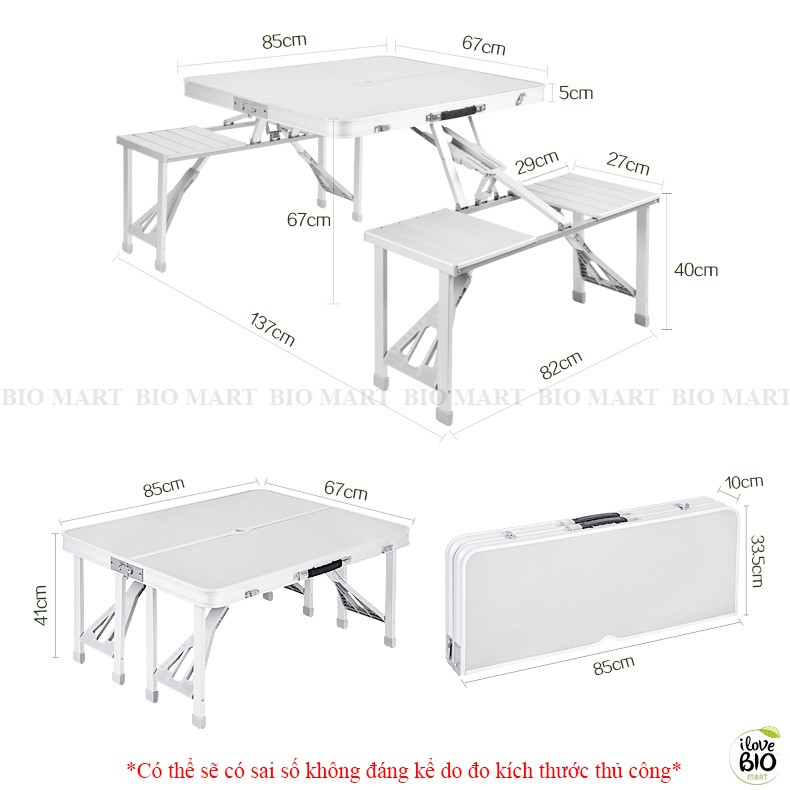 Bộ bàn ghế gấp gọn nhôm siêu nhẹ - Bàn gấp dã ngoại, cắm trại, sinh hoạt ngoài trời - Bàn liền 4 ghế xếp gọn