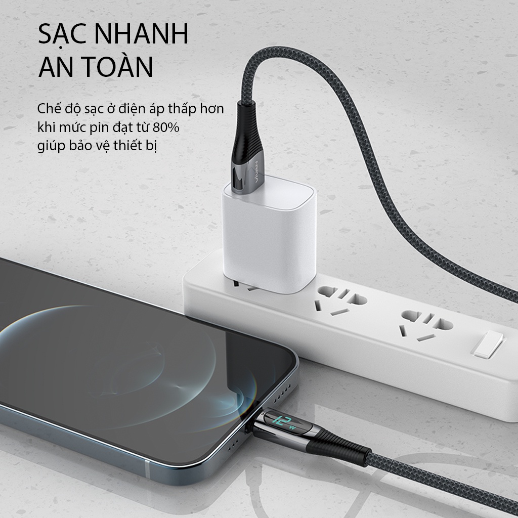 Cáp Sạc Nhanh Truyền Dữ Liệu 1m Cổng USB To Đầu Chuyển Đổi Khác 12W 2.4A VIVAN VIL100 Màn Led Hiển Thị Công Suất Sạc