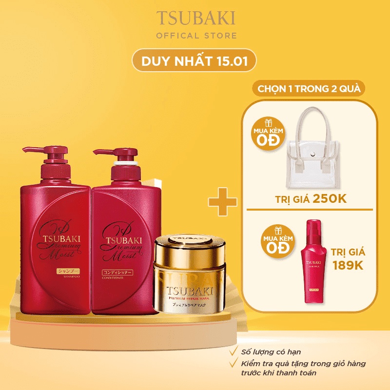 Combo gội xả Dưỡng tóc bóng mượt Premium Moist (490ml/chai) và Mặt nạ tóc phục hồi hư tổn Tsubaki (180g)