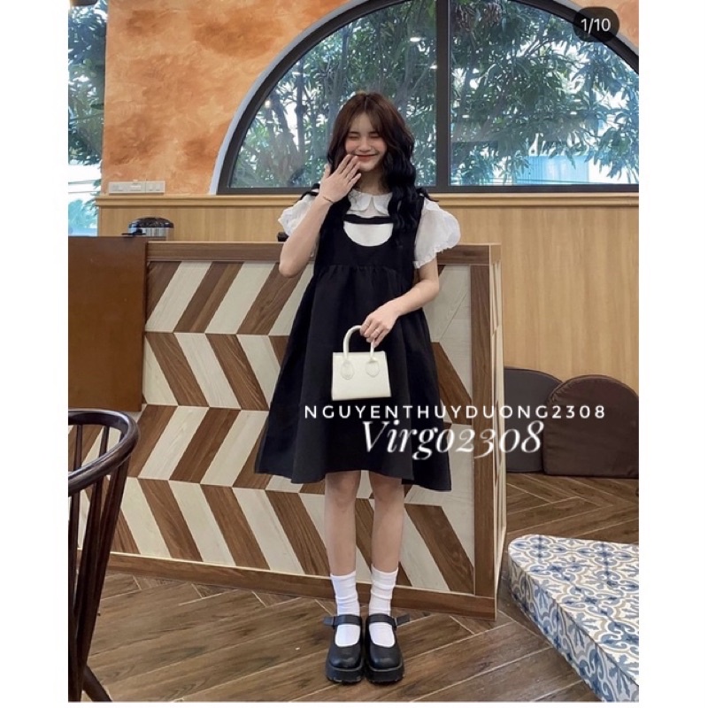 [Ảnh thật/Sẵn]Set yếm khuy ngọc mix áo babydoll tay bèo/Set yếm khuy ngọc style Ulzzang | BigBuy360 - bigbuy360.vn