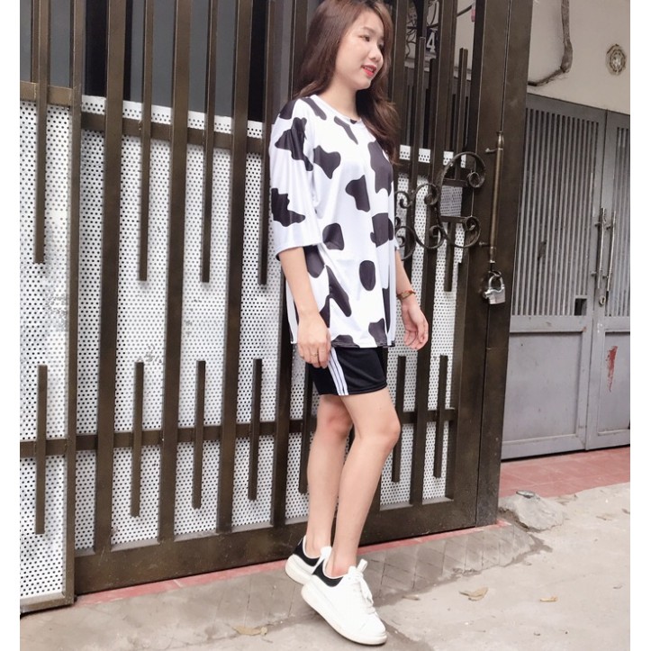 Bộ bò sữa kèm quần đùi 3 sọc, Bộ mặc nhà họa tiết bò sữa unisex
