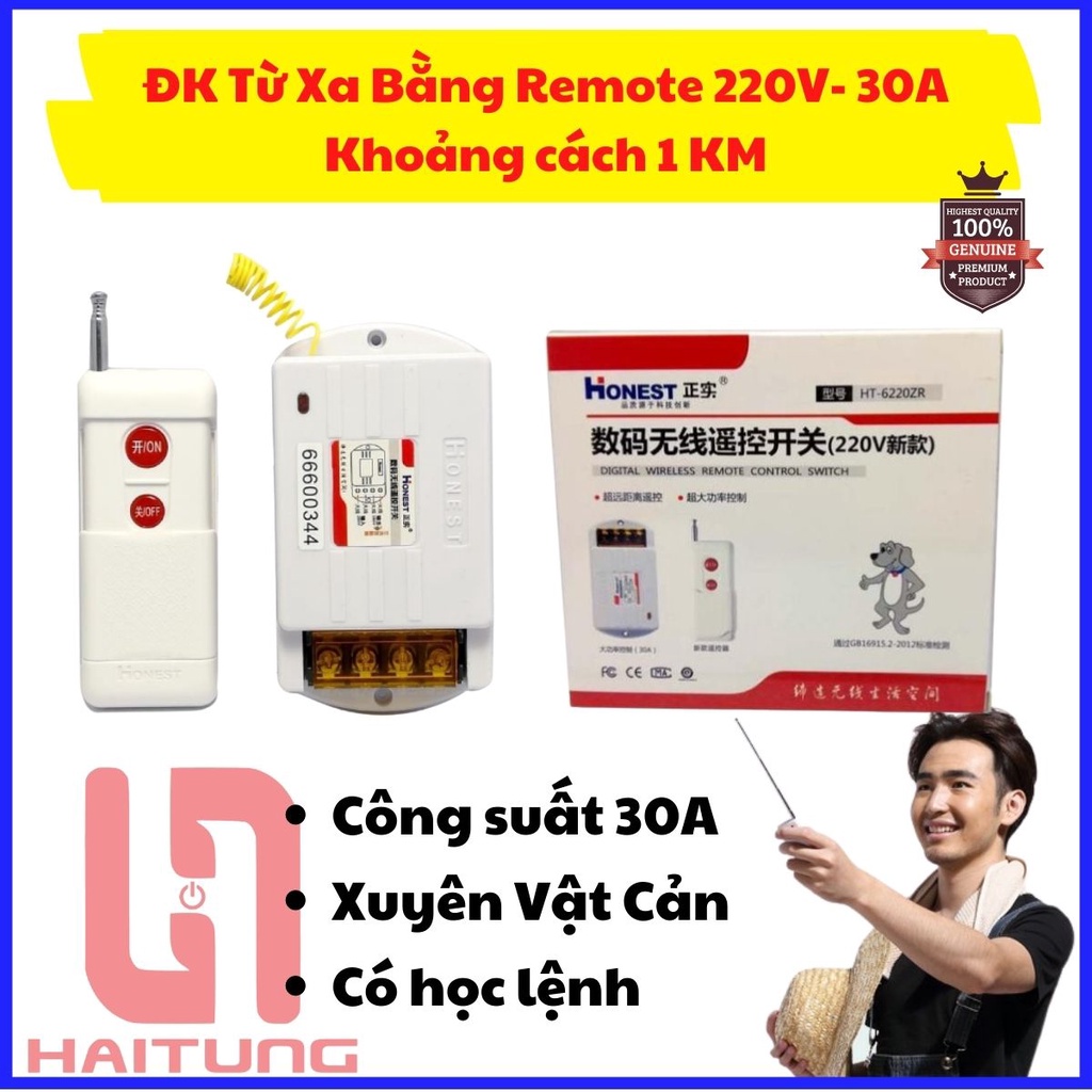 Điều Khiển Từ Xa Bằng Remote Honest HT6220-ZRD, Công Suất 30A, 220V, có học lệnh, Giá Gốc - Thiết Bị Điện Hai Tùng