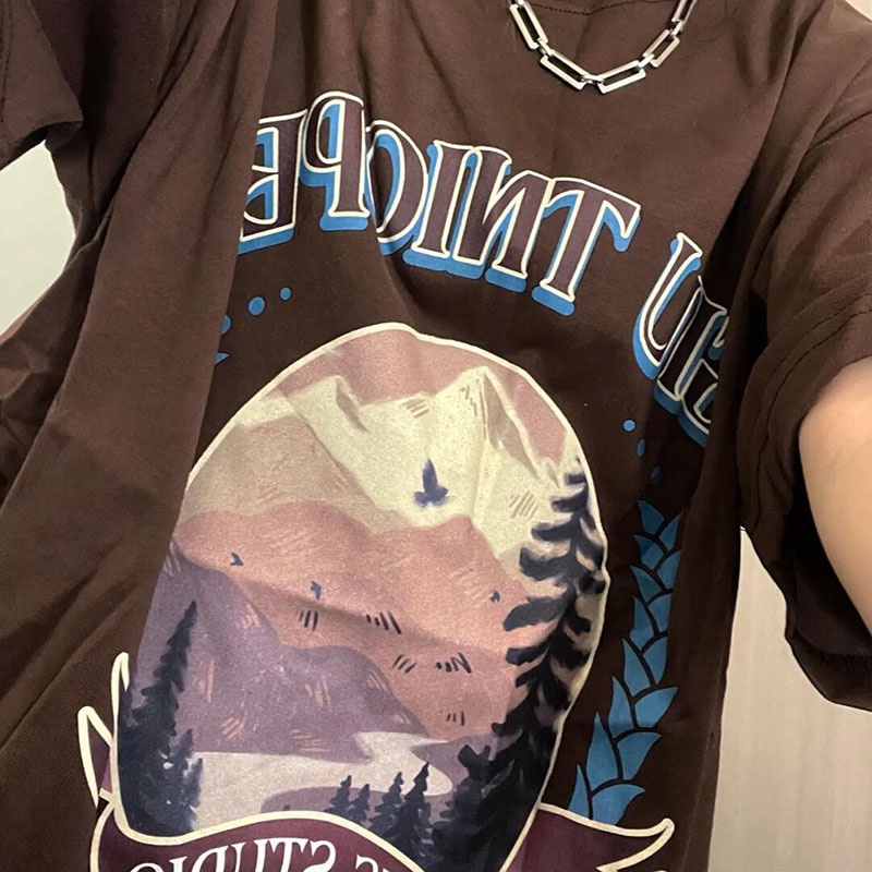 Áo Thun Tay Ngắn Cổ Tròn Dáng Rộng In Họa Tiết Phong Cách retro Mỹ Thời Trang Cho Nữ