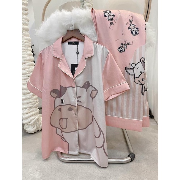 pijama lụa xước tay ngắn cao cấp quảng châu bò sữa