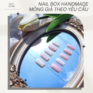 Nail Box Handmade set móng giả họa tiết nền hồng trắng phối caro và lửa