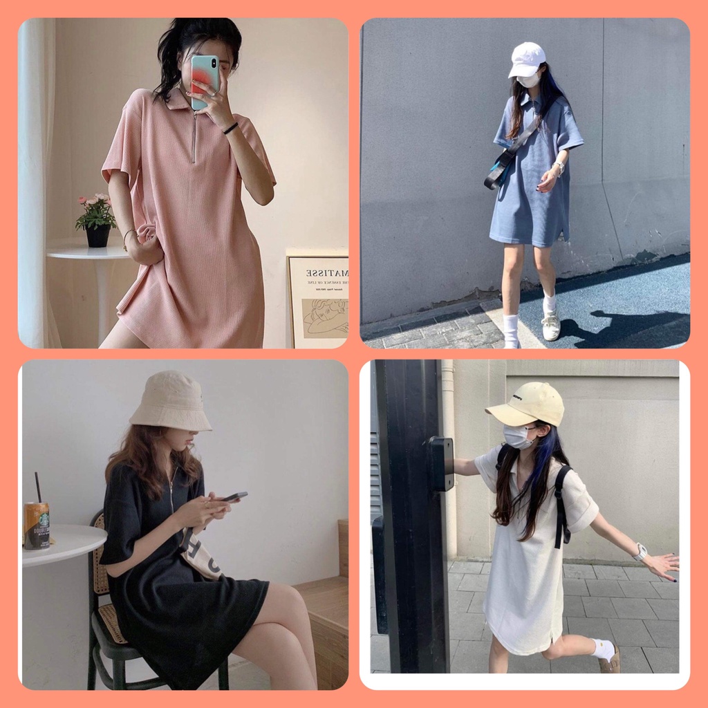 Đầm polo khóa zip, váy dáng suông cộc tay khóa cổ nhiều màu phong cách Ulzzang Mitstore95
