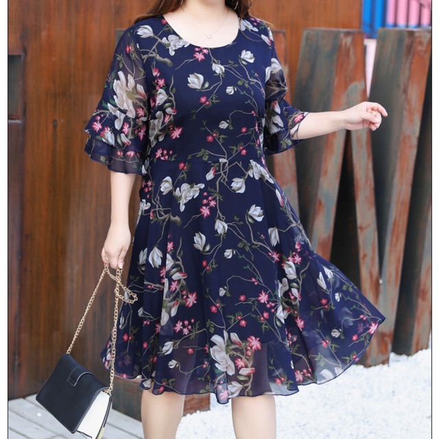 Đầm voan xoè big size voan in hoa tay loe 2 tầng size đại 80-90kg