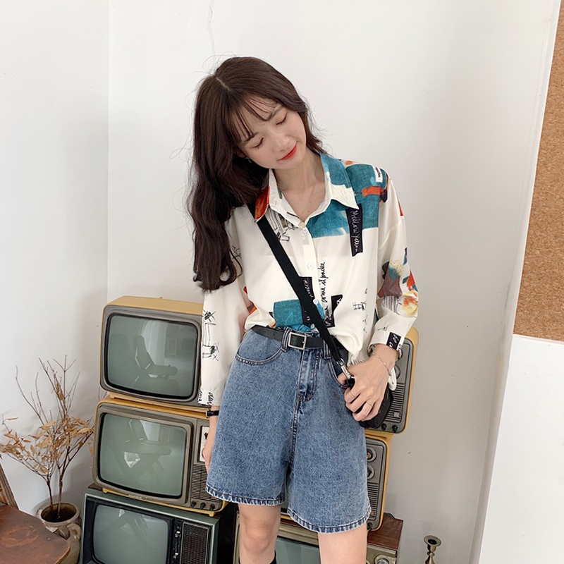 Áo Sơ Mi Tay Dài Dáng Rộng In Họa Tiết Thời Trang Kiểu Hàn Quốc Cho Nữ