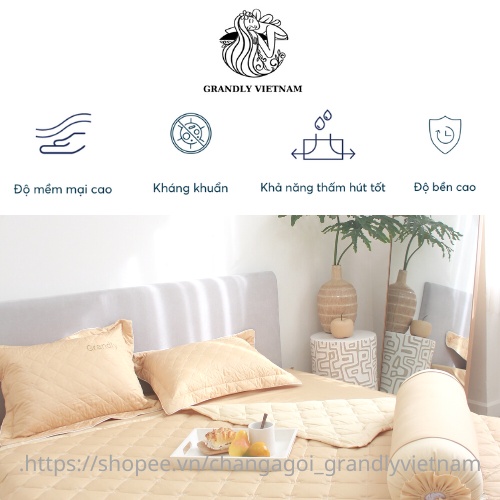 Bộ chăn ga gối (4 món) cao cấp Grandly Vietnam chính hãng vải màu chần bông 4 mùa siêu mềm mại