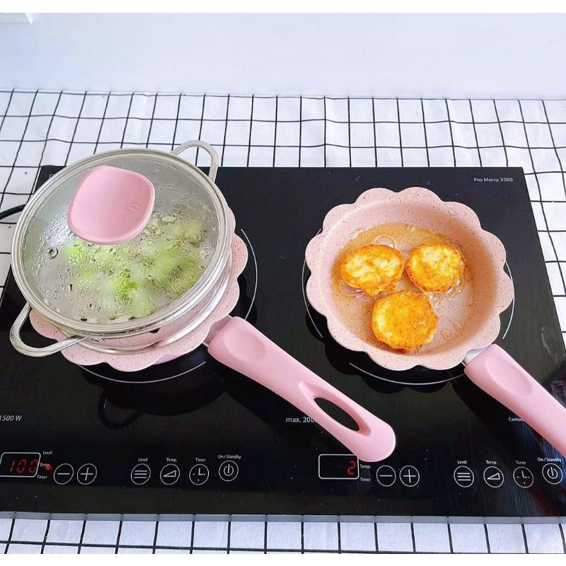 Bộ Nồi Chảo Cho Bé Ăn Dặm Size 16cm, Chảo Đá Chống Dính Kèm Xửng Hấp Và Thìa Chế Biến Đồ Ăn Dặm Cho Bé