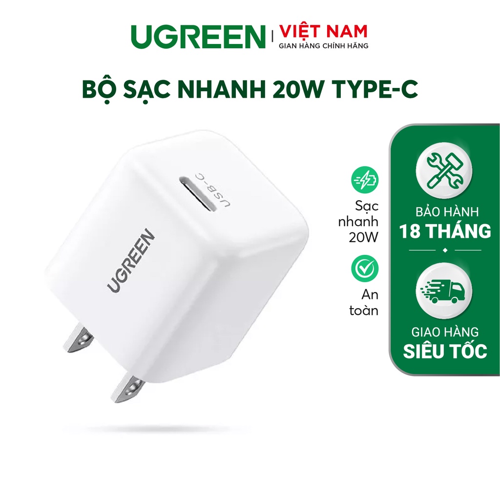 Củ sạc nhanh 20W UGREEN 10219 Cổng sạc nhanh PD 3.0, QC 4.0 Thiết kế nhỏ gọn, chân cắm US- Hàng phân phối chính hãng