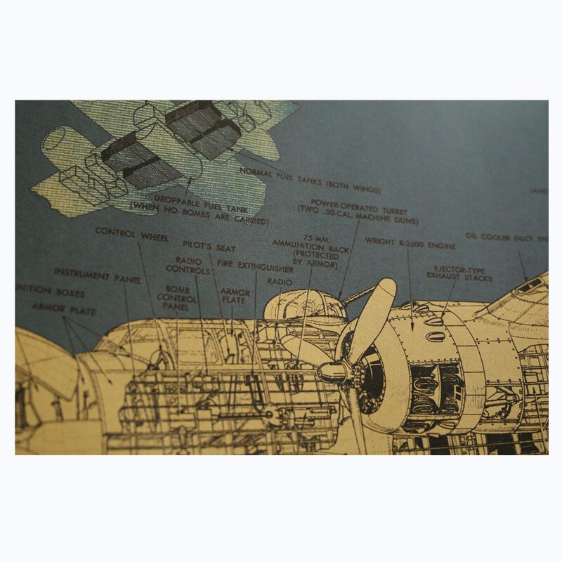 Tấm áp phích giấy kraft hình bản vẽ thiết kế máy bay kiểu cổ điển trang trí tường /quán bar/ quán cà phê