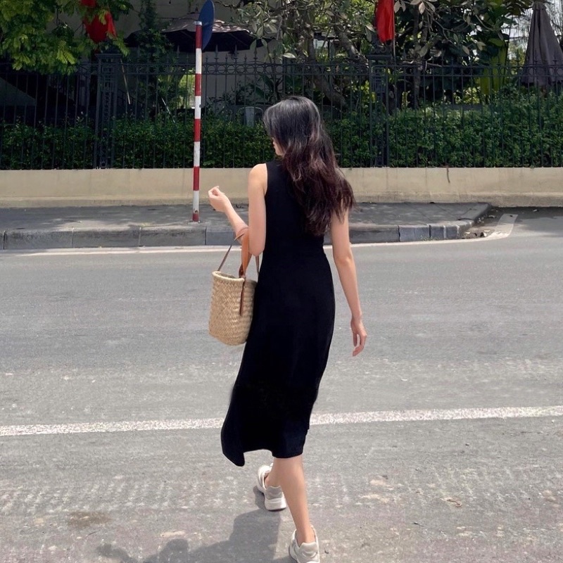 Váy sát nách dáng dài, đầm nữ không tay dáng midi xòe đen freesize dưới 60kg tiểu thư basic phom ôm hàn quốc