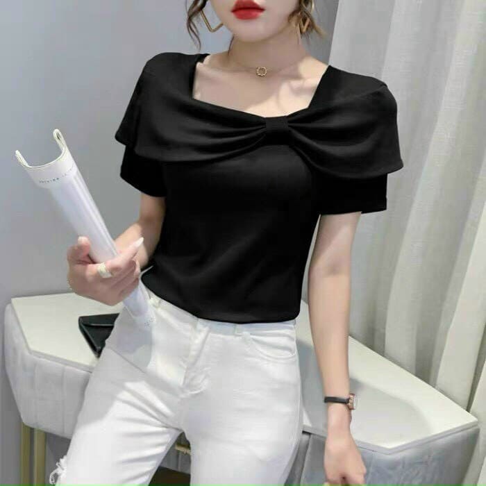 Áo kiểu cổ nơ lệch ngắn tay, Áo thun kiểu dáng ôm co giãn