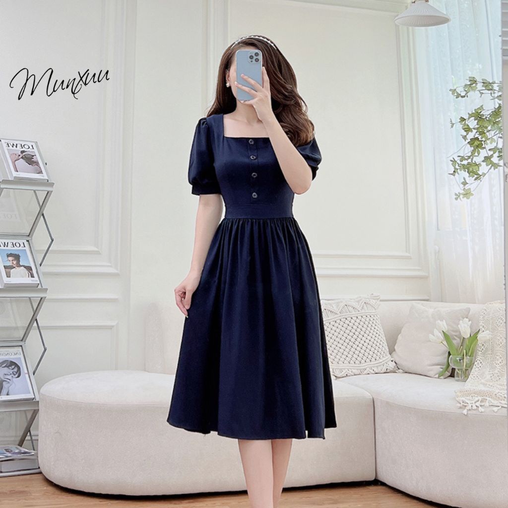 Đầm nữ thiết kế MUNXUU cổ vuông dáng xòe nhẹ trẻ trung, chất liệu mềm mát cao cấp - VV09