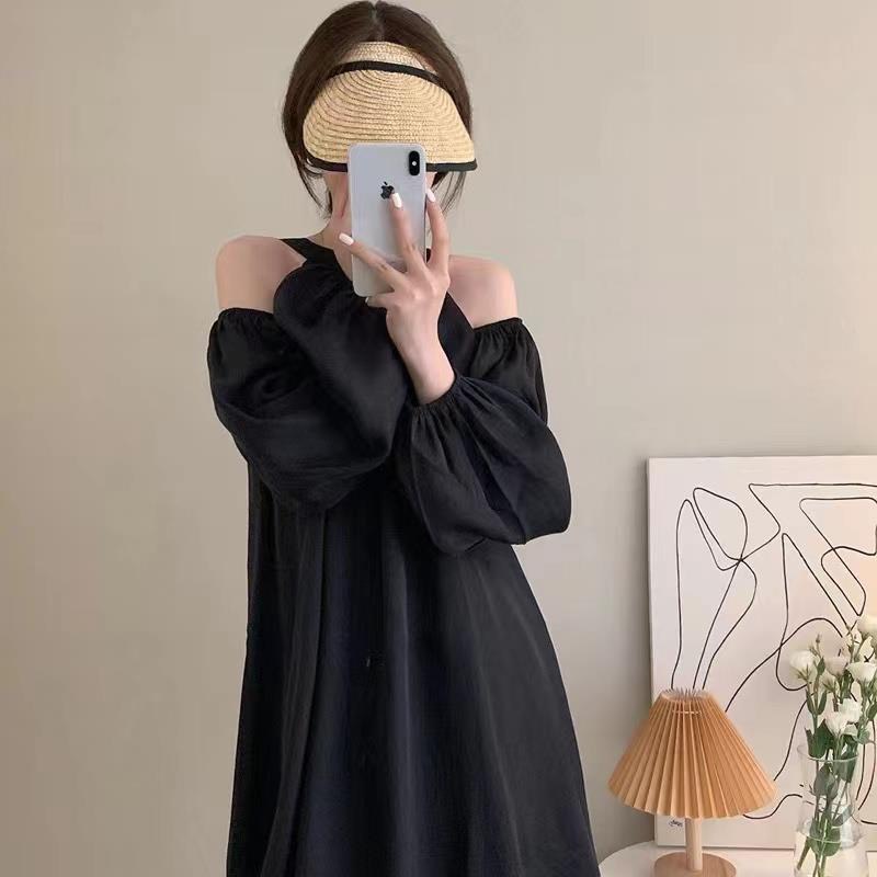 Váy đầm công chúa cổ yếm hở vai màu kem đen dáng xòe phong cách Ulzzang MS5543