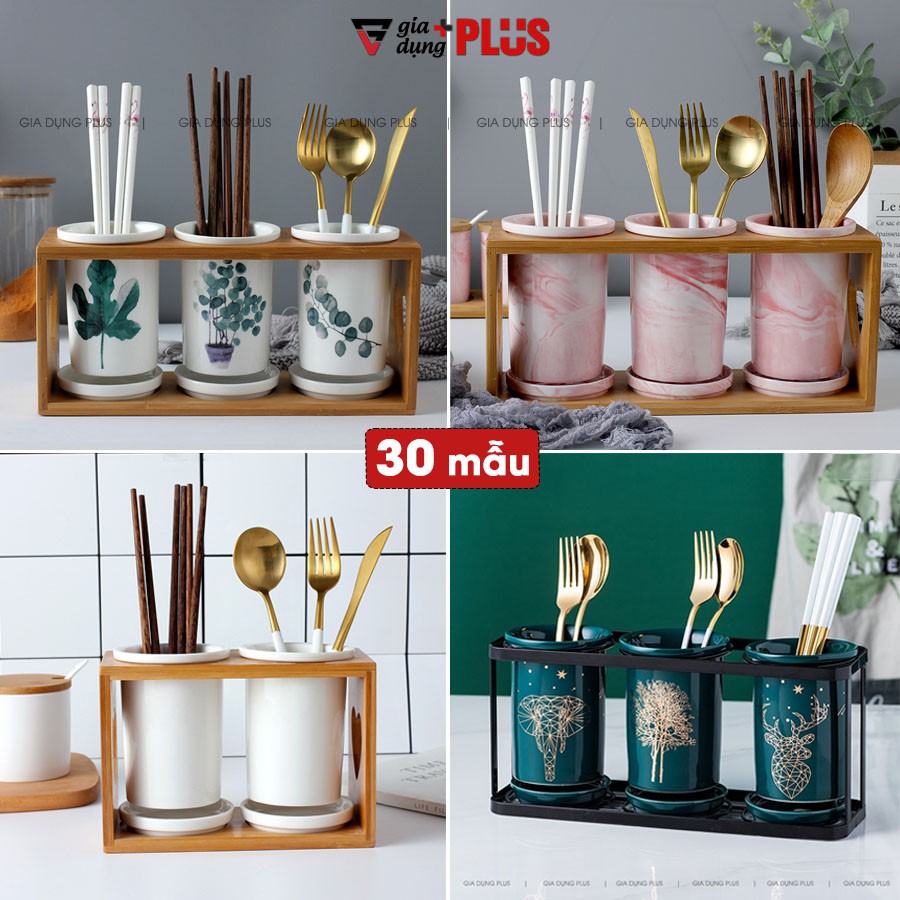 Kệ đựng ống đũa bằng gốm sứ - kệ gỗ, có đĩa hứng nước sạch sẽ phong cách Bắc Âu