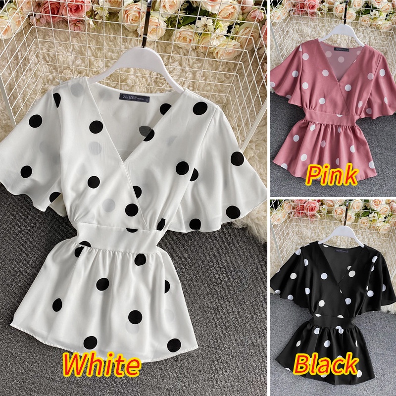 Áo kiểu ZANZEA cổ chữ V tay ngắn họa tiết chấm bi retro thời trang cho nữ