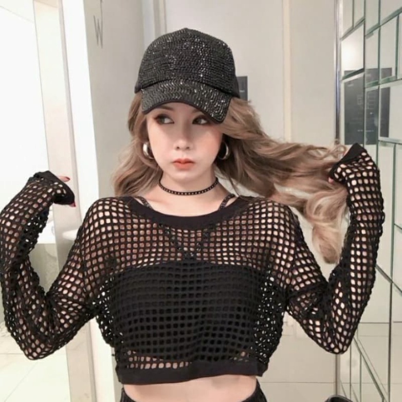 ÁO CROPTOP DÀI TAY REN LƯỚI, ÁO TẬP NHẢY DANCE