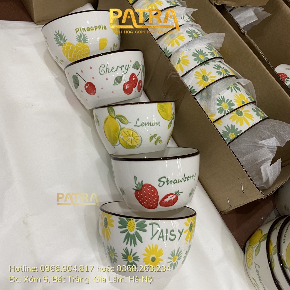 Bát ăn cơm, chén ăn cơm sứ hình trụ họa tiết hoa quả trái cây decor phong cách Hàn Quốc