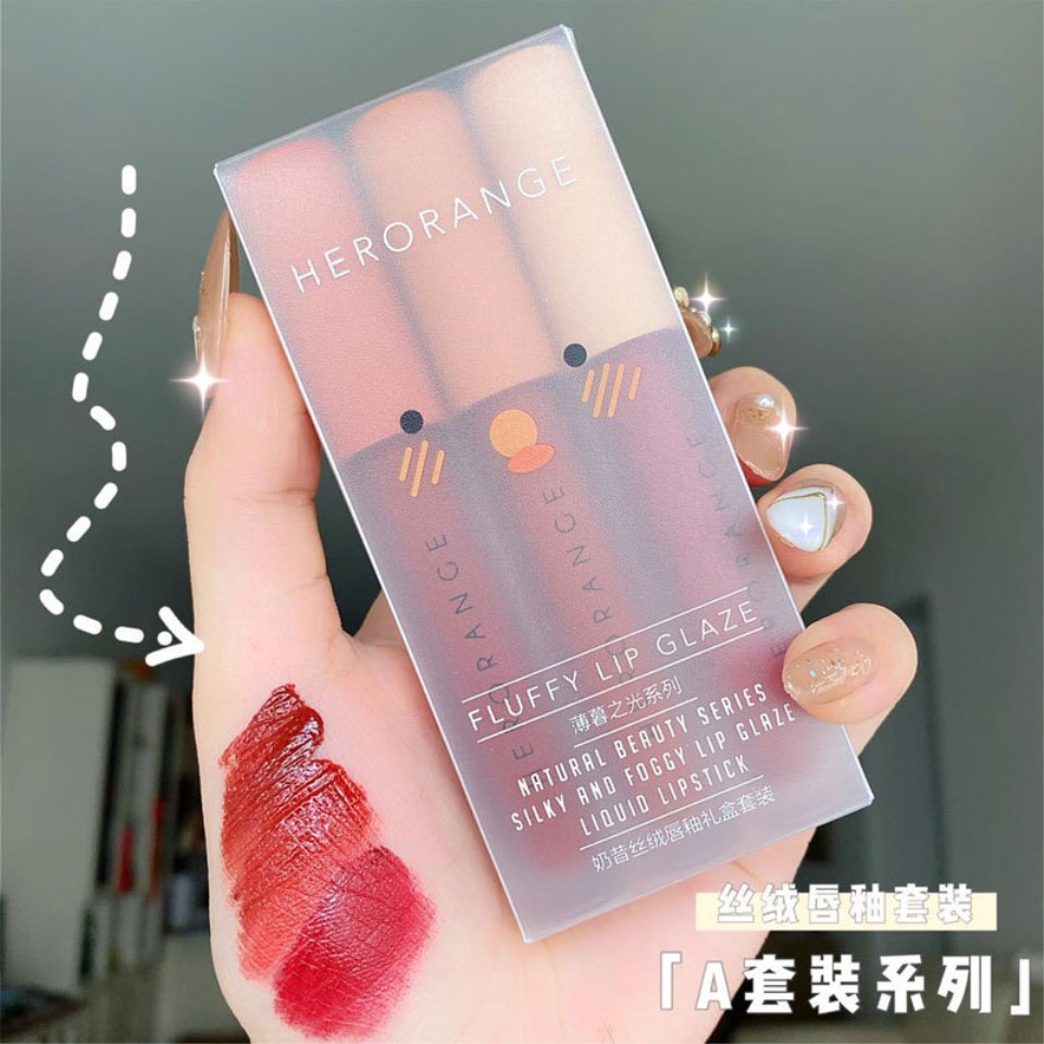 Set 3 Cây Son Kem Lì Herorange Fluffy Lip Glaze làm quà tặng trang điểm tiện dụng