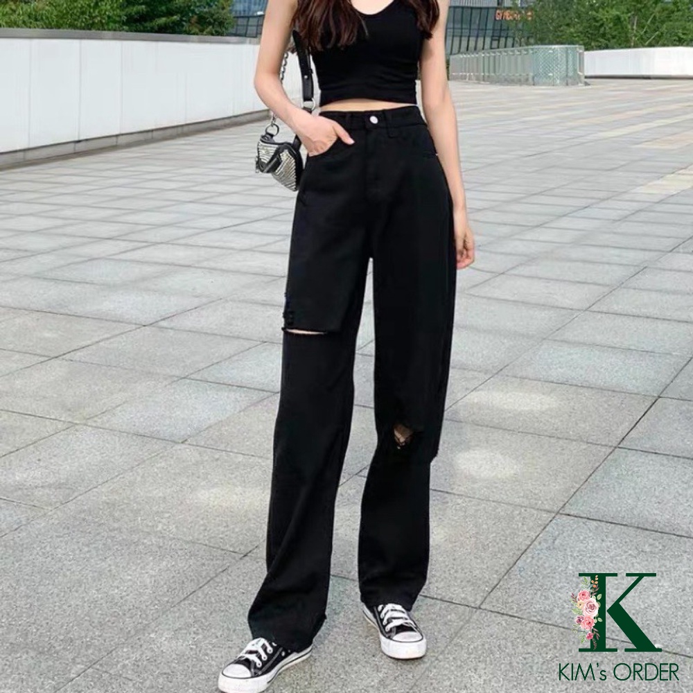 Quần jeans nữ màu đen basic ống suông rộng phong cách Ulzzang hai phiên bản trơn và rách ống đủ size loại 1 chuẩn phom