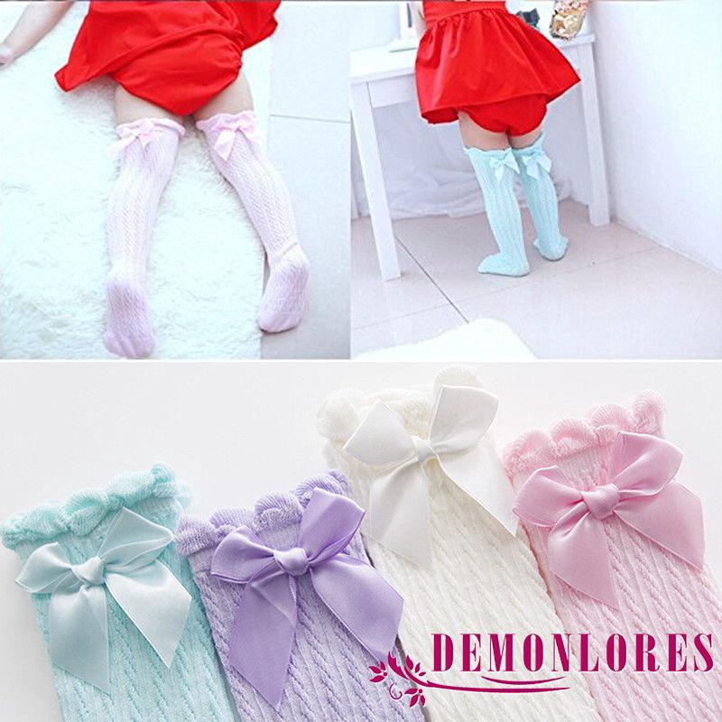Vớ lưới cá dài qua gối bằng vải cotton thoáng khí phối nơ bướm màu trơn thời trang mùa hè 2020 dành cho bé gái