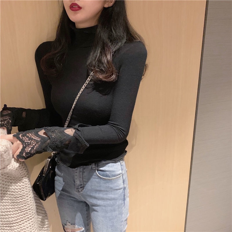 Áo nhung tay dài cổ cao phối ren dáng ôm quyến rũ cho nữ