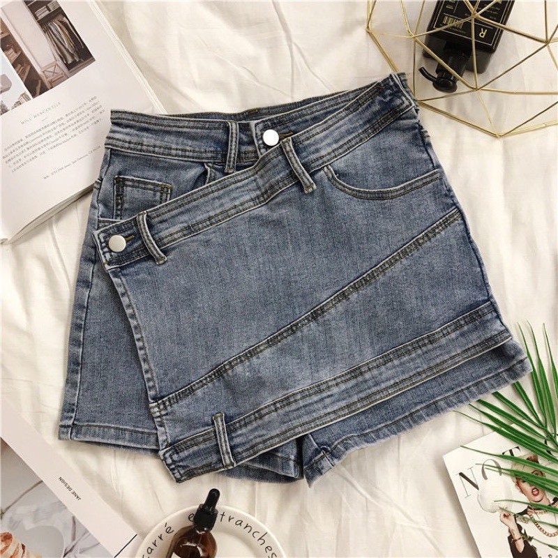 BECKYG Quần Short Denim Giả Váy Vạt Chéo Hàn Quốc