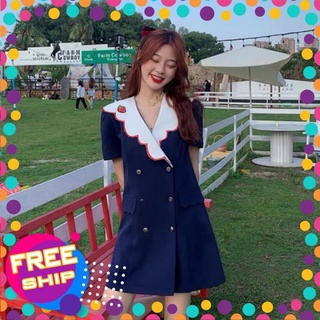 Đầm sơmi xanh đen thuỷ thủ thêu trái dâu xinh