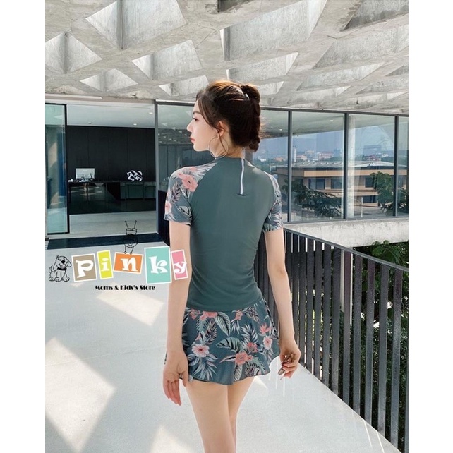 Đồ bơi nữ 2 mảnh big size cao cấp, áo tắm rời cộc tay, váy hoa 2 lớp