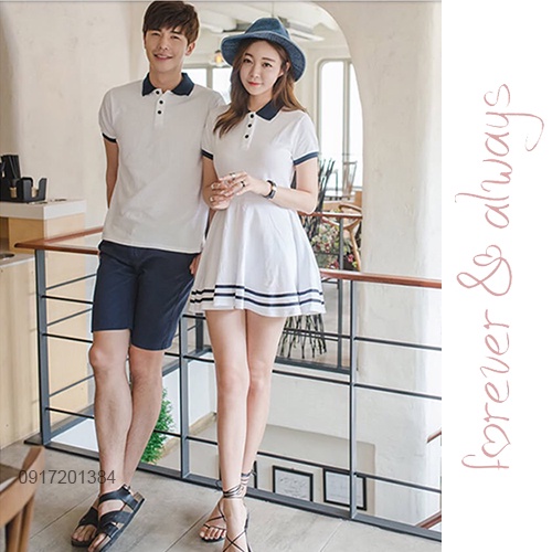 Đồ cặp nam nữ váy  thun dáng xoè viền cổ xanh và áo thun polo nam viền cổ xanh