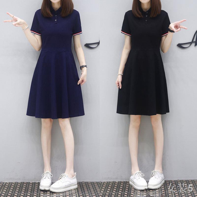 Trạm châu Âu POLO cổ áo thun nữ mùa hè mới eo thon bông ve phiên bản Hàn Quốc của chiếc váy dàiq