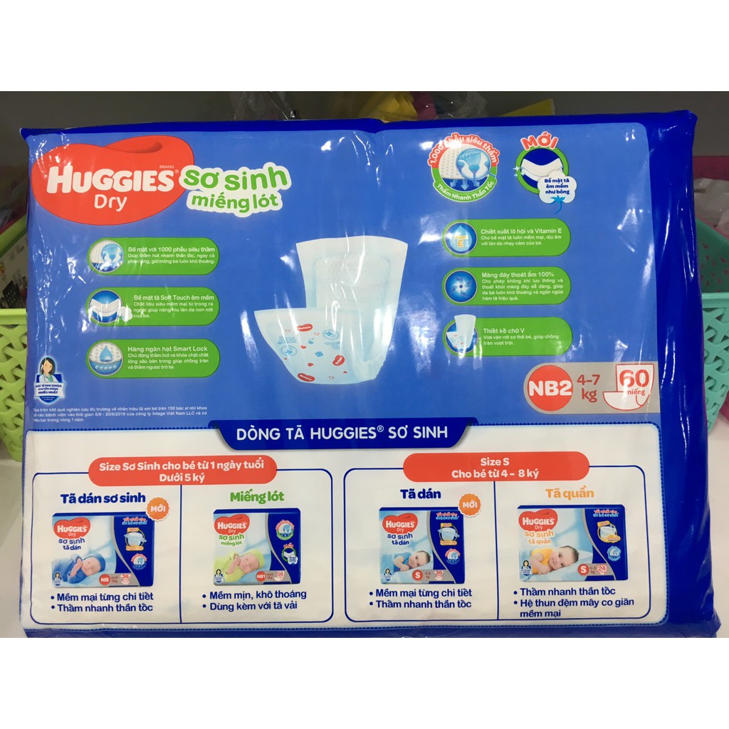 Miếng Lót Sơ Sinh Huggies Dry NewBorn NB2- 60 Miếng