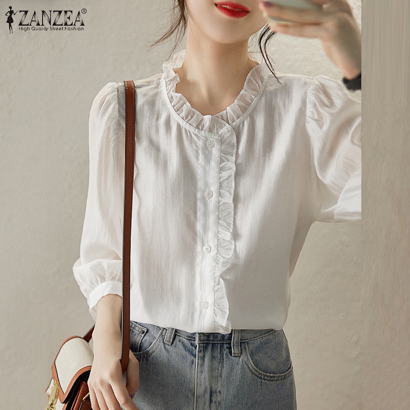 Áo kiểu ZANZEA cổ đứng dáng rộng màu trơn phong cách Hàn Quốc dành cho nữ