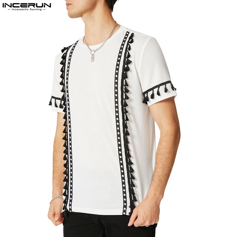 Áo thun INCERUN tay ngắn cổ tròn phối tua rua kiểu thổ cẩm thời trang dành cho nam