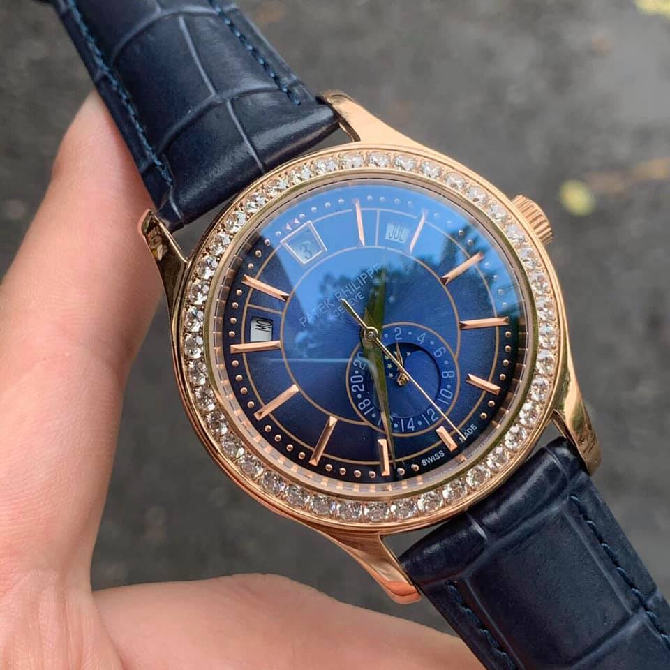 Đồng hồ Nam Ptek vành đá trăng sao máy nhật chạy cơ Automatic có thứ ngày tháng vỏ vàng dây da