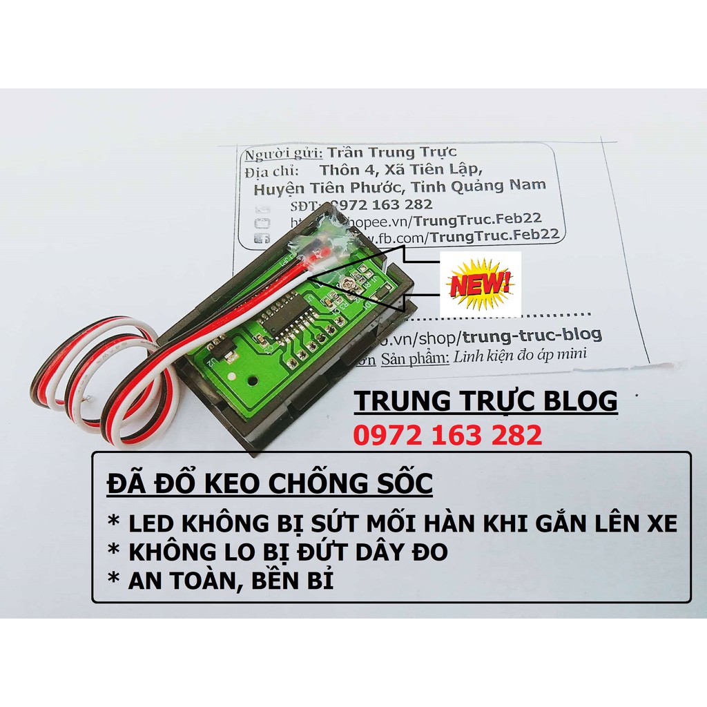 Vôn kế đo bình ắc quy, độ báo bình xe máy - Loại MỚI có chỉnh sai số - Led lớn 0.56 inch -Đã đổ keo chắc chắn